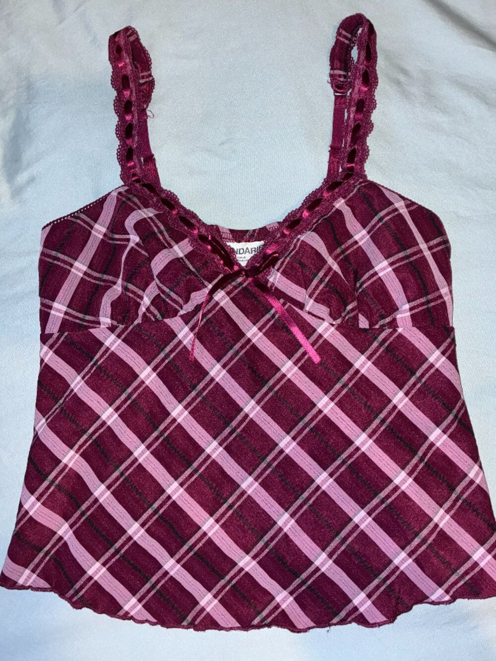 Y2K No Boundaries Woven Lace Plaid Cami Lace Trimmed Sweetheart Neckline Size S
